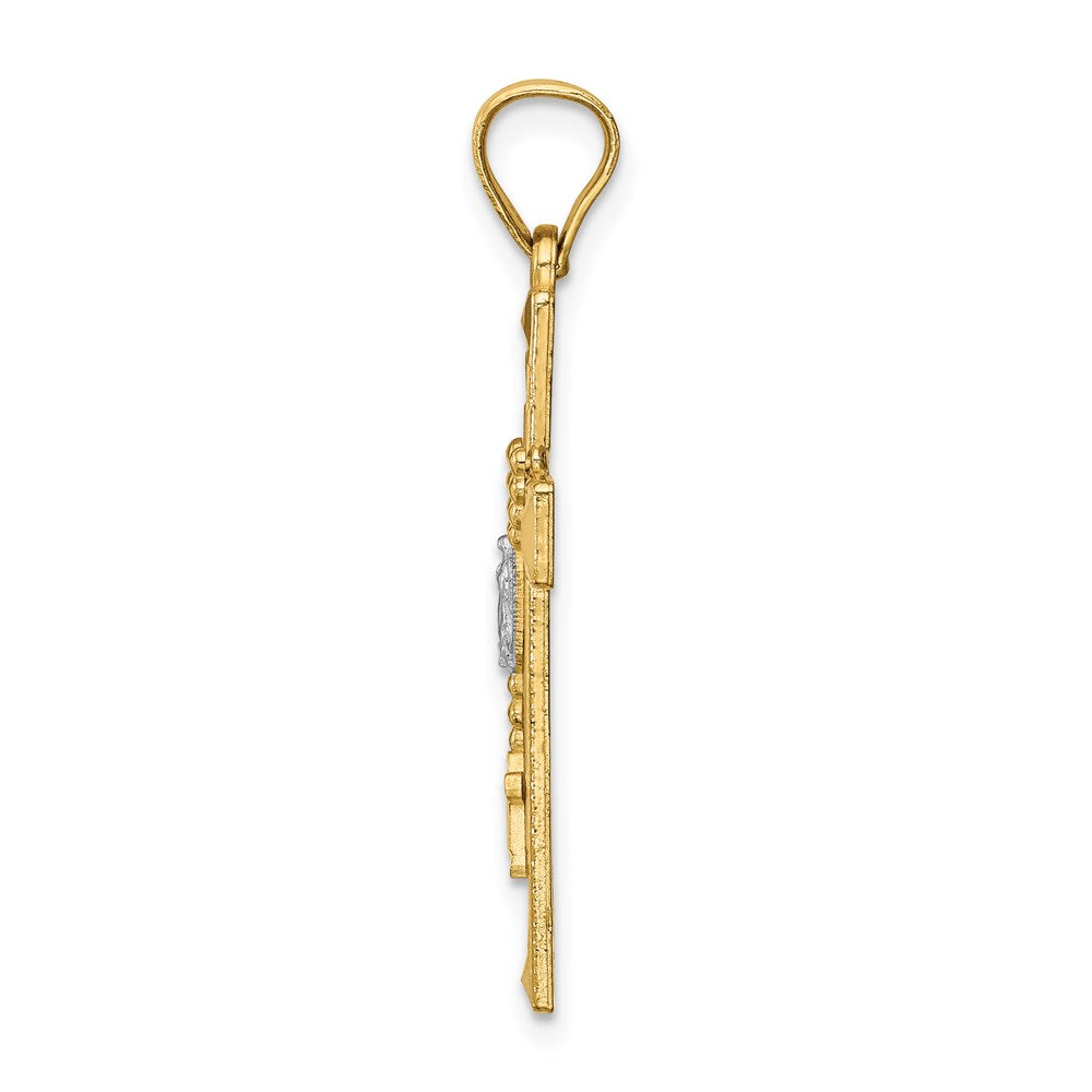 14K Gelb- und Rhodiumgold-Kreuzanhänger mit Rhodium und Rosenkranz