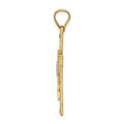 14K Gelb- und Rhodiumgold-Kreuzanhänger mit Rhodium und Rosenkranz