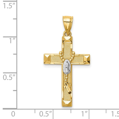14K Gelb- und Rhodiumgold-Kreuzanhänger mit Rhodium und Rosenkranz