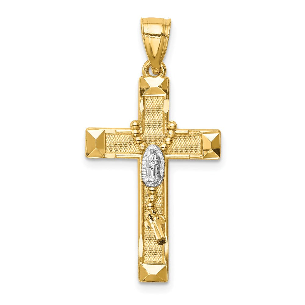 14K Gelb- und Rhodiumgold-Kreuzanhänger mit Rhodium und Rosenkranz