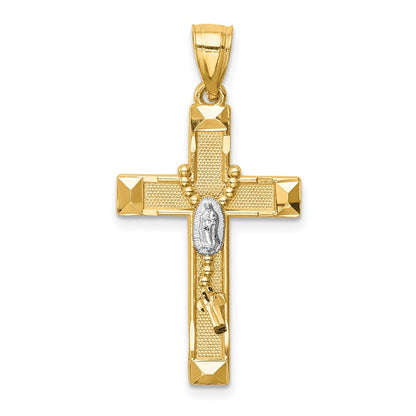 14K Gelb- und Rhodiumgold-Kreuzanhänger mit Rhodium und Rosenkranz