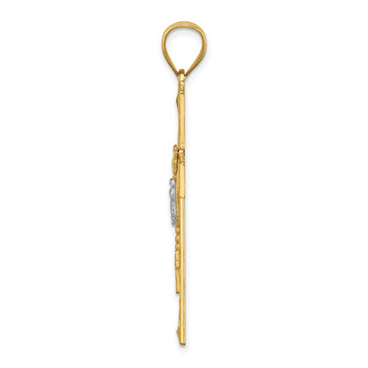 14 Karat Gelb- und Rhodiumgold Kreuz mit Rhodium und Rosenkranz-Anhänger