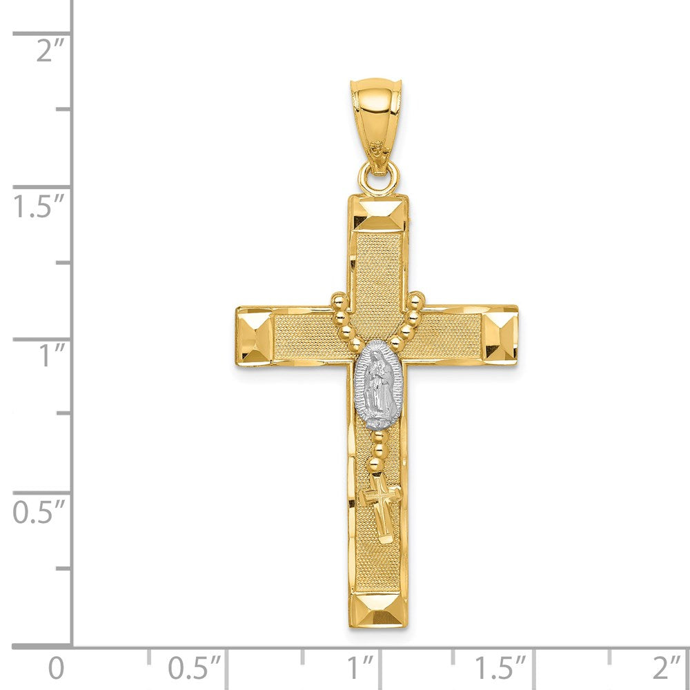14 Karat Gelb- und Rhodiumgold Kreuz mit Rhodium und Rosenkranz-Anhänger