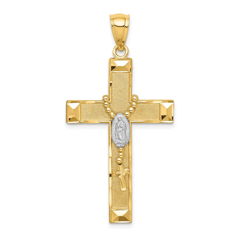 14 Karat Gelb- und Rhodiumgold Kreuz mit Rhodium und Rosenkranz-Anhänger