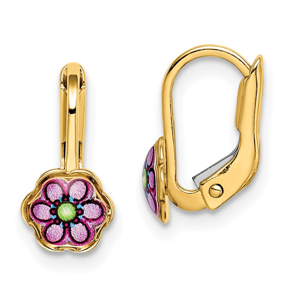 14K Gelbgold Kinder Emaille Blume Ohrhänger mit Brisur