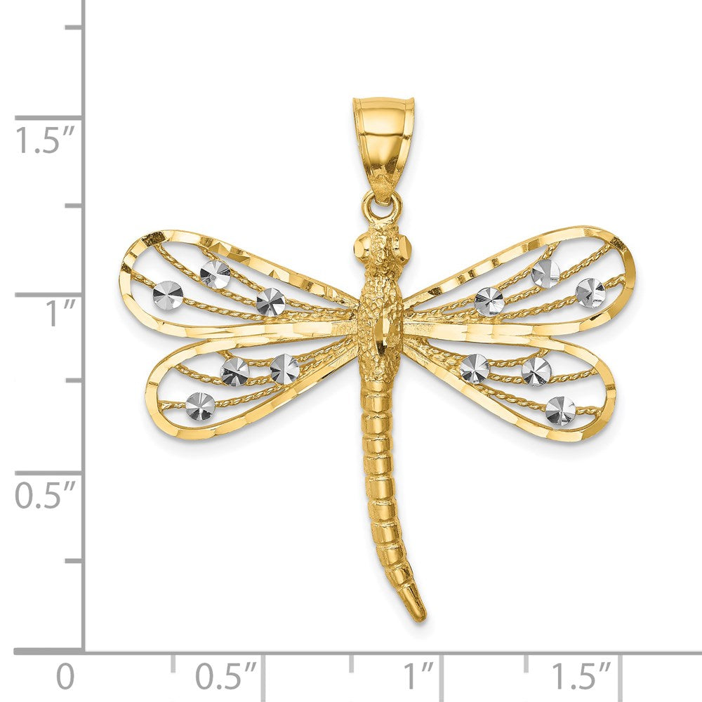 14K Gelb- und Rhodiumgold Diamantgeschliffener Weißrhodium-Libellen-Anhänger