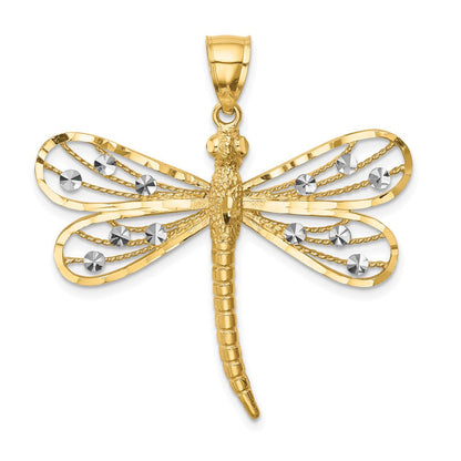 14K Gelb- und Rhodiumgold Diamantgeschliffener Weißrhodium-Libellen-Anhänger