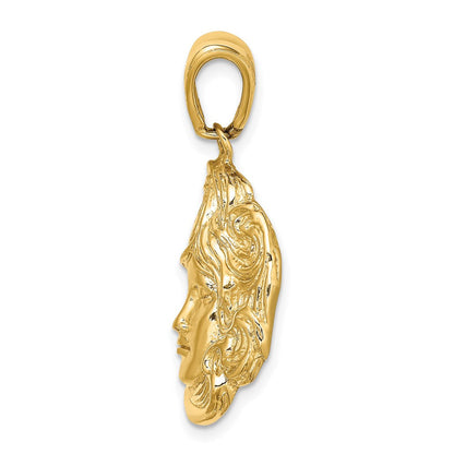 14K Gelbgold Charm mit satinierter und polierter wirbelnder Haar-Frauengesicht-Motiv