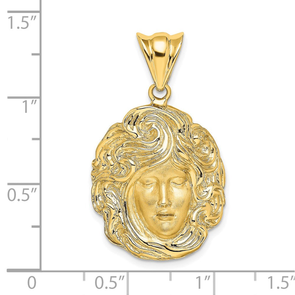 14K Gelbgold Charm mit satinierter und polierter wirbelnder Haar-Frauengesicht-Motiv