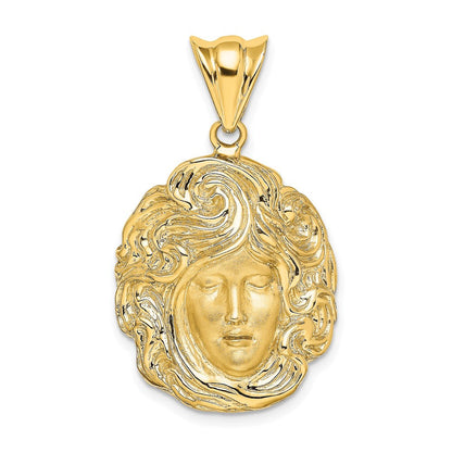 14K Gelbgold Charm mit satinierter und polierter wirbelnder Haar-Frauengesicht-Motiv