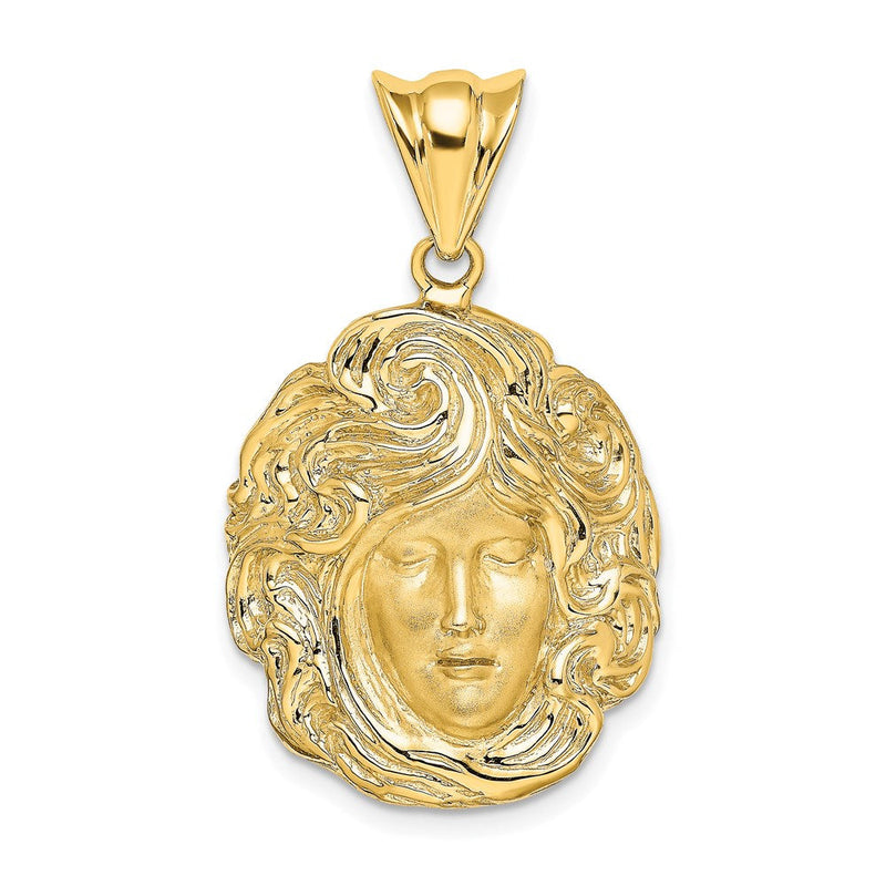 14K Gelbgold Charm mit satinierter und polierter wirbelnder Haar-Frauengesicht-Motiv