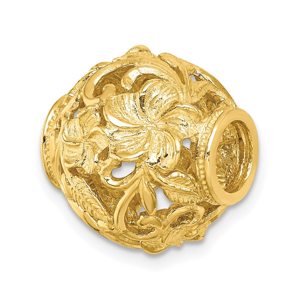 14K Gelbgold 3-D Plumeria-Blüten-Trommelverschluss-Charm