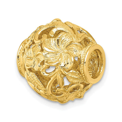 14K Gelbgold 3-D Plumeria-Blüten-Trommelverschluss-Charm