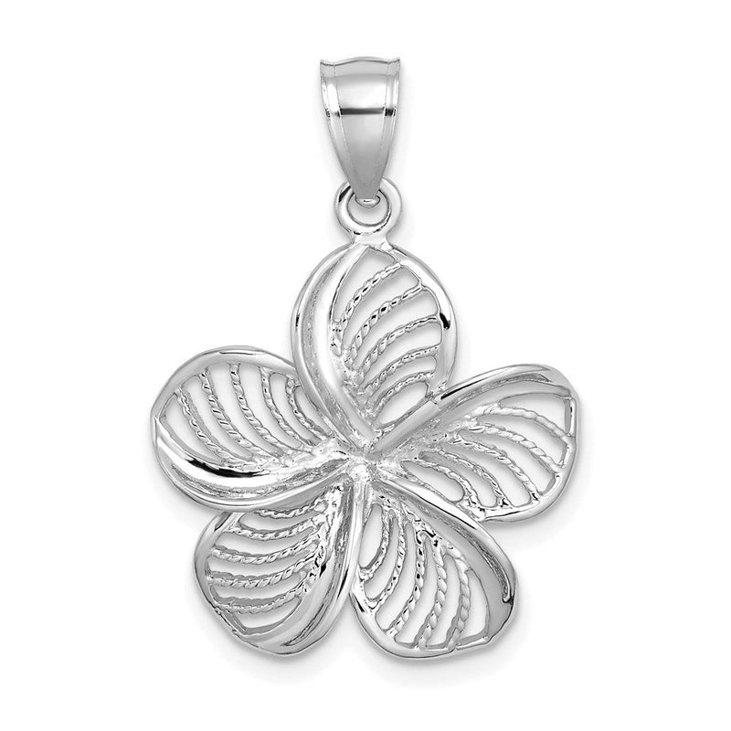 14K Weißgold Plumeria-Blüten-Charm, poliert und mit Perlrand