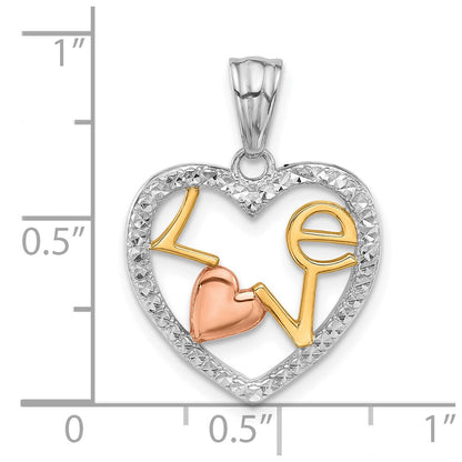 14K Tricolor Diamantiert Liebe in Herz Anhänger