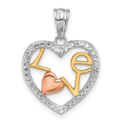 14K Tricolor Diamantiert Liebe in Herz Anhänger