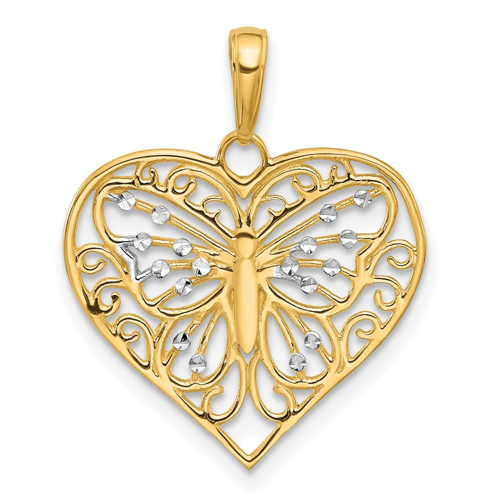 14K Gelb & Rhodium und Weiß Rhodium Diamantiert Schmetterling Herz Anhänger