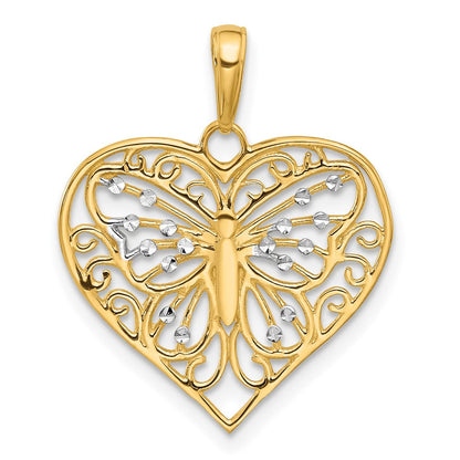 14K Gelb & Rhodium und Weiß Rhodium Diamantiert Schmetterling Herz Anhänger
