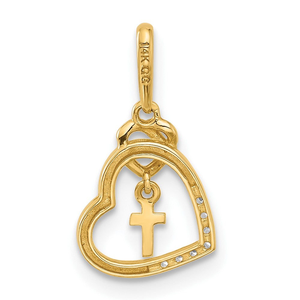 14K Gelbgold Poliert Zirkonia Herz mit Kreuz Hängend Anhänger