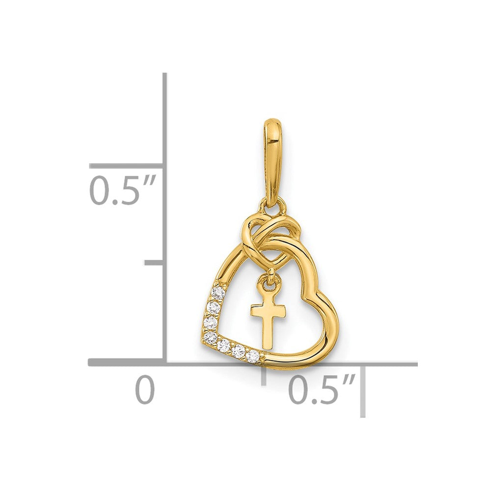 14K Gelbgold Poliert Zirkonia Herz mit Kreuz Hängend Anhänger