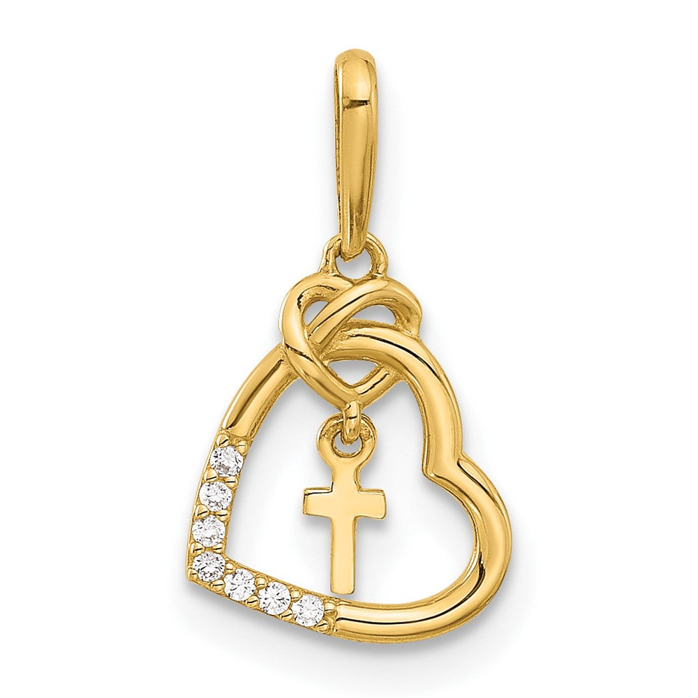 14K Gelbgold Poliert Zirkonia Herz mit Kreuz Hängend Anhänger