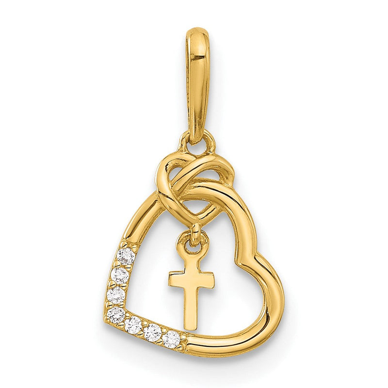 14K Gelbgold Poliert Zirkonia Herz mit Kreuz Hängend Anhänger