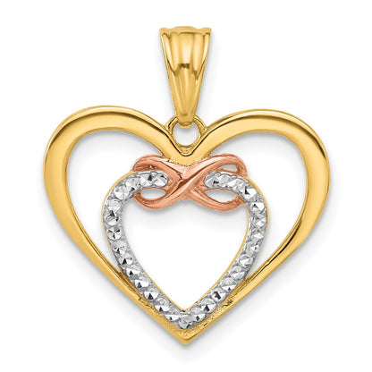 14K Bicolor und Weiß Rhodium Diamantiert Unendlichkeit Herzen Anhänger