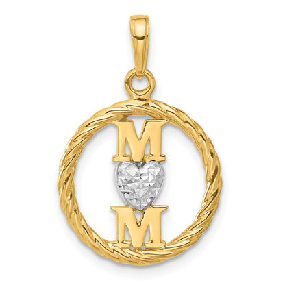 14K Gelb & Rhodium und Weiß Rhodium Diamantiert Herz Mama Anhänger