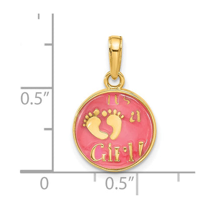 14K Gelbgold Poliert mit Rosa Emaille und Klar Epoxid Resin It Mädchen Anhänger