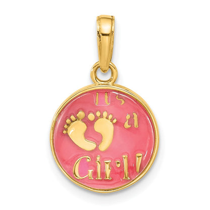 14K Gelbgold Poliert mit Rosa Emaille und Klar Epoxid Resin It Mädchen Anhänger