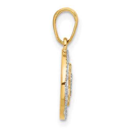 14K Gelb & Rhodium und Weiß Rhodium Poliert Blumen Design Kreis Anhänger