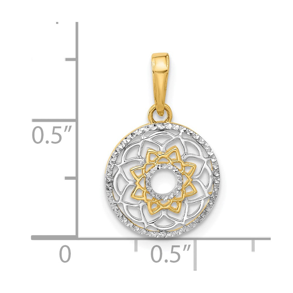 14K Gelb & Rhodium und Weiß Rhodium Poliert Blumen Design Kreis Anhänger