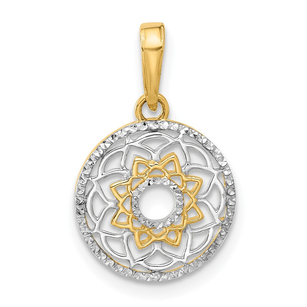 14K Gelb & Rhodium und Weiß Rhodium Poliert Blumen Design Kreis Anhänger