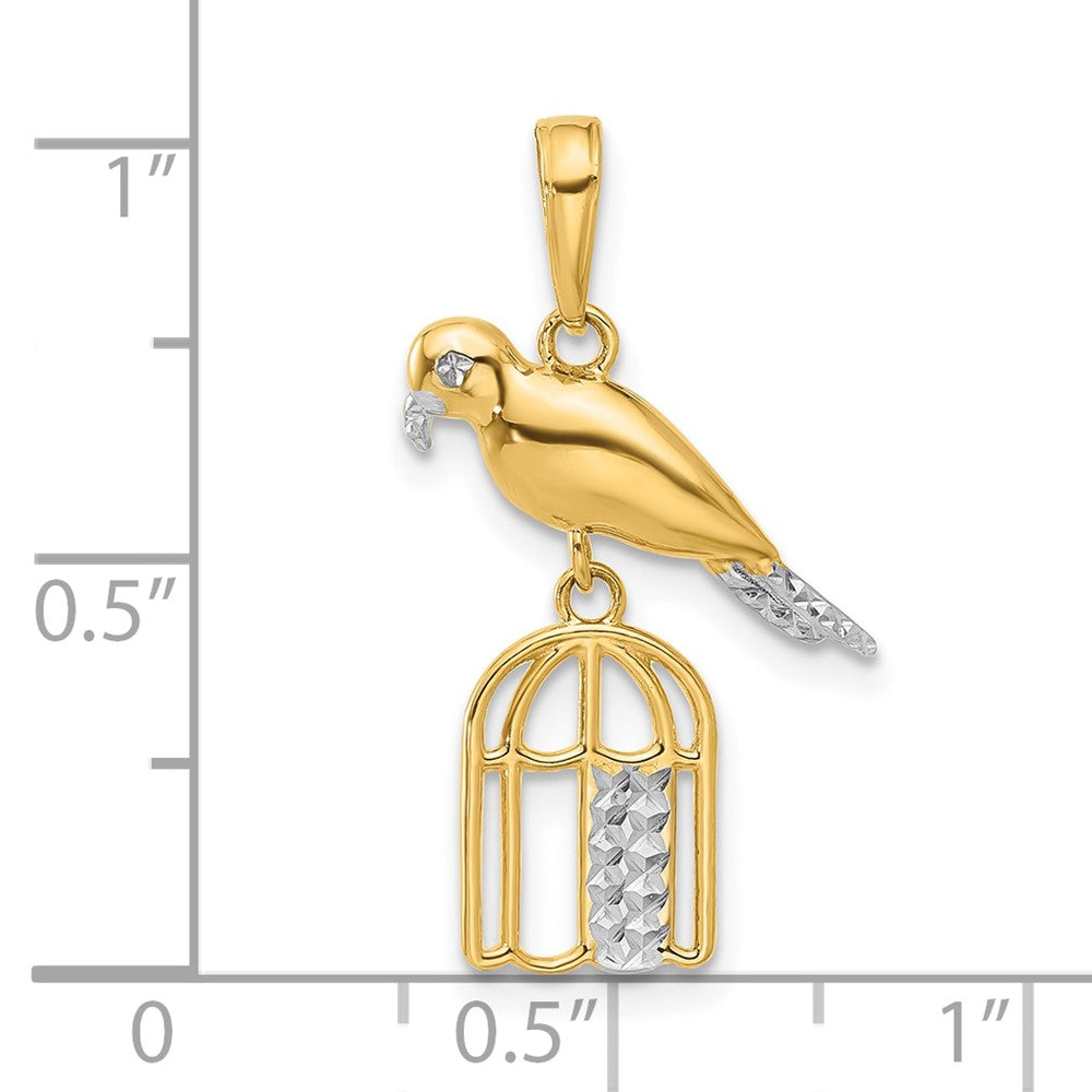 14K Gelb & Rhodium und Weiß Rhodium Diamantiert Vogel auf Vogel Cage Anhänger