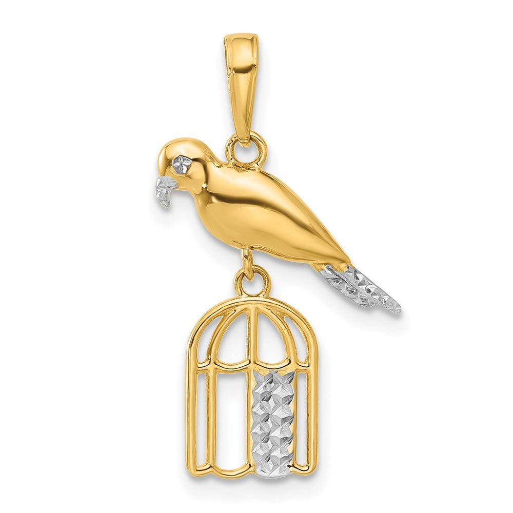 14K Gelb & Rhodium und Weiß Rhodium Diamantiert Vogel auf Vogel Cage Anhänger