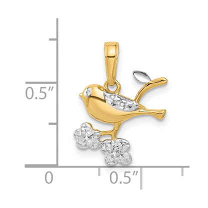 14K Gelb & Rhodium und Weiß Rhodium Diamantiert Vogel auf Branch Anhänger