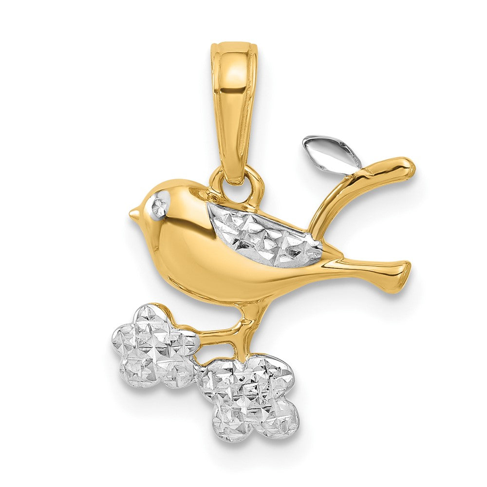 14K Gelb & Rhodium und Weiß Rhodium Diamantiert Vogel auf Branch Anhänger