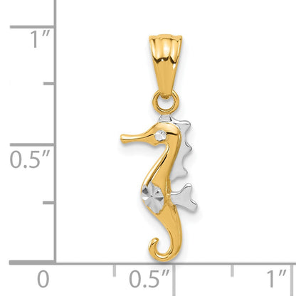 14K Gelb & Rhodium mit Weiß Rhodium Poliert und Diamantiert Seepferdchen Anhänger