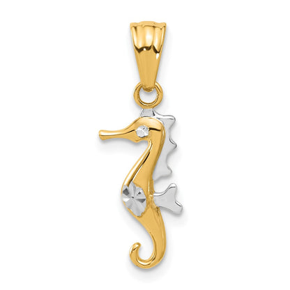 14K Gelb & Rhodium mit Weiß Rhodium Poliert und Diamantiert Seepferdchen Anhänger