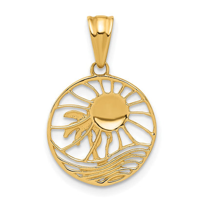14K Gelb & Rhodium mit Weiß Rhodium Ocean und Palme Baum Rund Anhänger