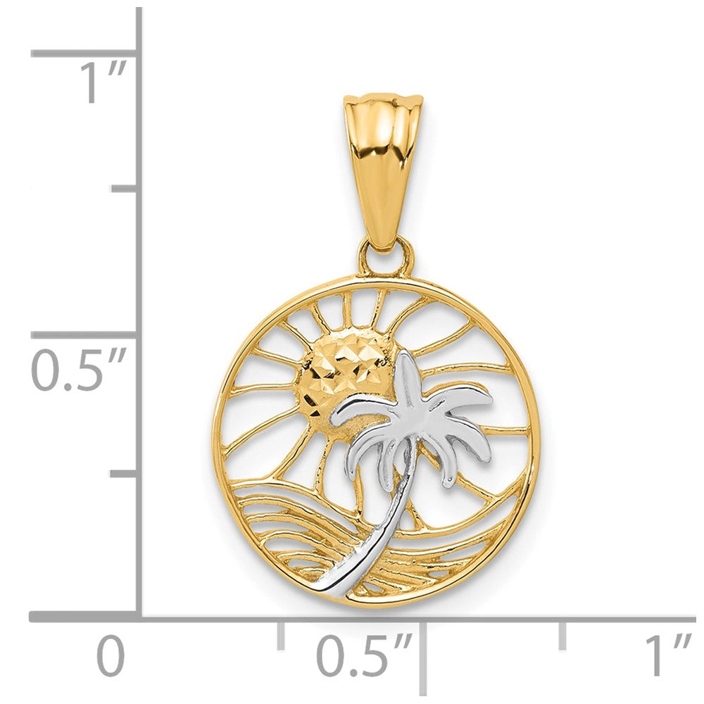 14K Gelb & Rhodium mit Weiß Rhodium Ocean und Palme Baum Rund Anhänger