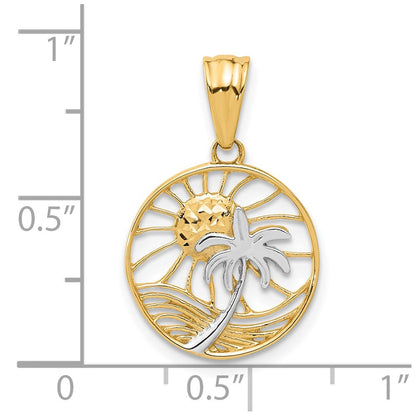 14K Gelb & Rhodium mit Weiß Rhodium Ocean und Palme Baum Rund Anhänger