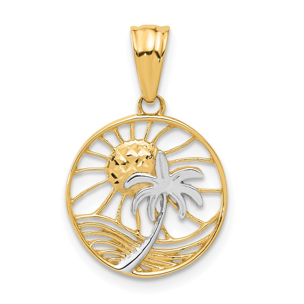 14K Gelb & Rhodium mit Weiß Rhodium Ocean und Palme Baum Rund Anhänger