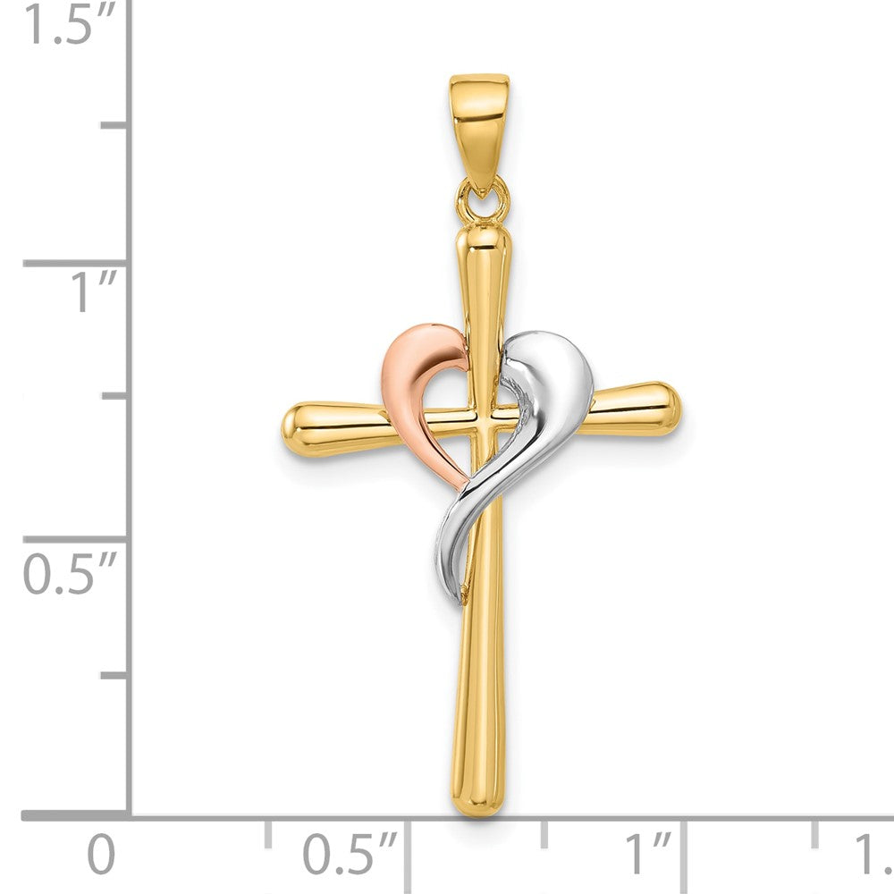 14K Bicolor mit Weiß Rhodium Poliert Kreuz mit Herz Anhänger