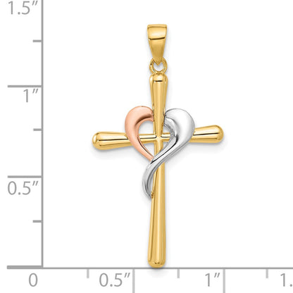 14K Bicolor mit Weiß Rhodium Poliert Kreuz mit Herz Anhänger