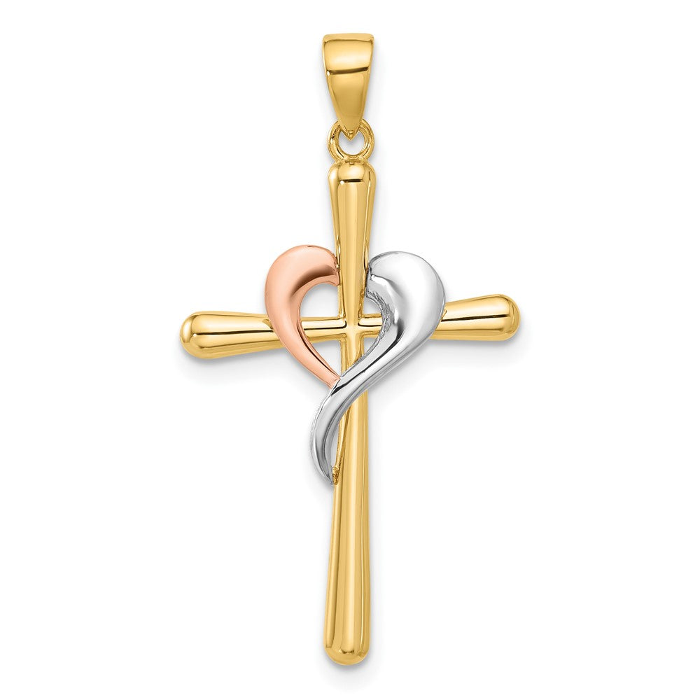 14K Bicolor mit Weiß Rhodium Poliert Kreuz mit Herz Anhänger