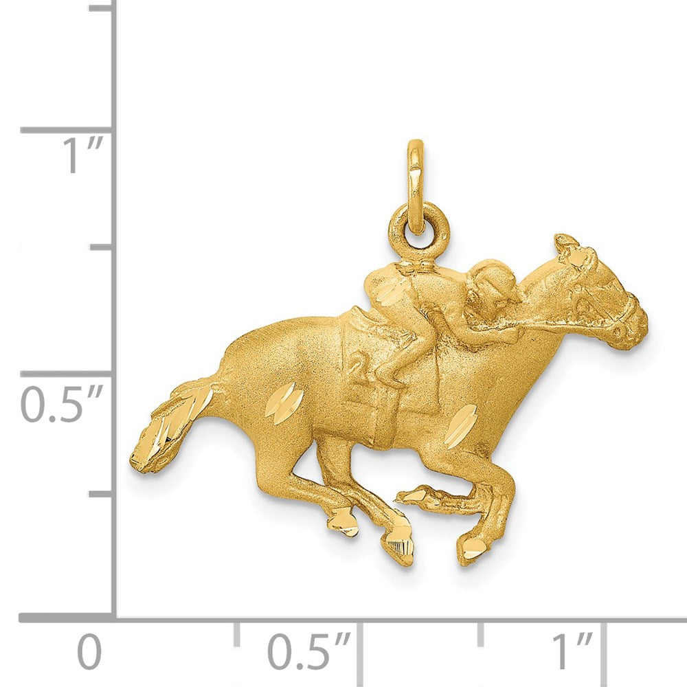 14K Gelbgold Charm Pferd mit Jockey, satiniert, diamantiert