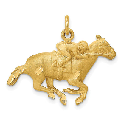 14K Gelbgold Charm Pferd mit Jockey, satiniert, diamantiert