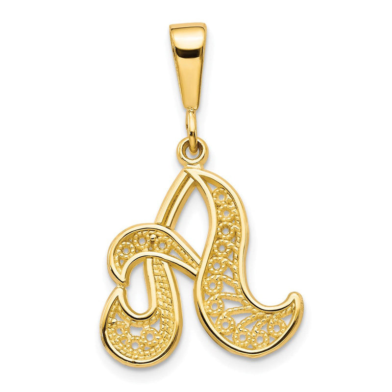 14K Gelbgold Initial-Anhänger mit Buchstabe A in poliertem Schreibschrift-Filigran