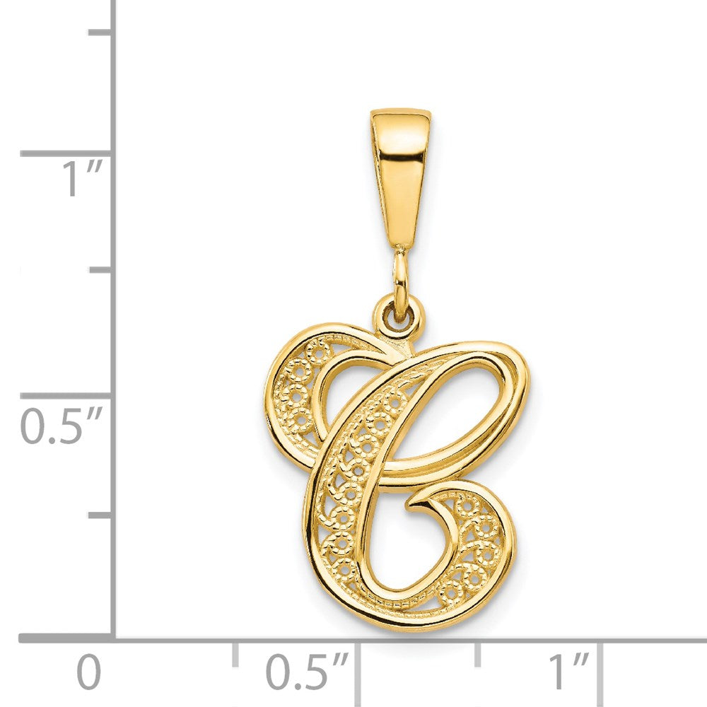 14K Gelbgold Polierter Filigran-Schreibschrift-Buchstabe-C-Initialanhänger